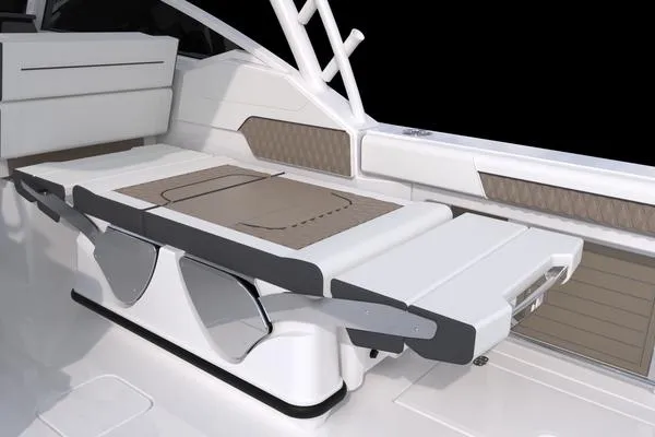 Slide: The Image of 2025 Blackfin 302 DC boat interior with sleek seating and modern design. - 8