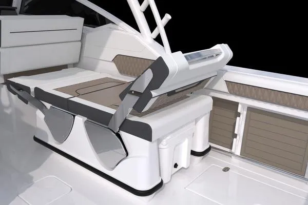 Slide: The Image of 2025 Blackfin 302 DC boat interior with adjustable seating and storage compartments. - 9