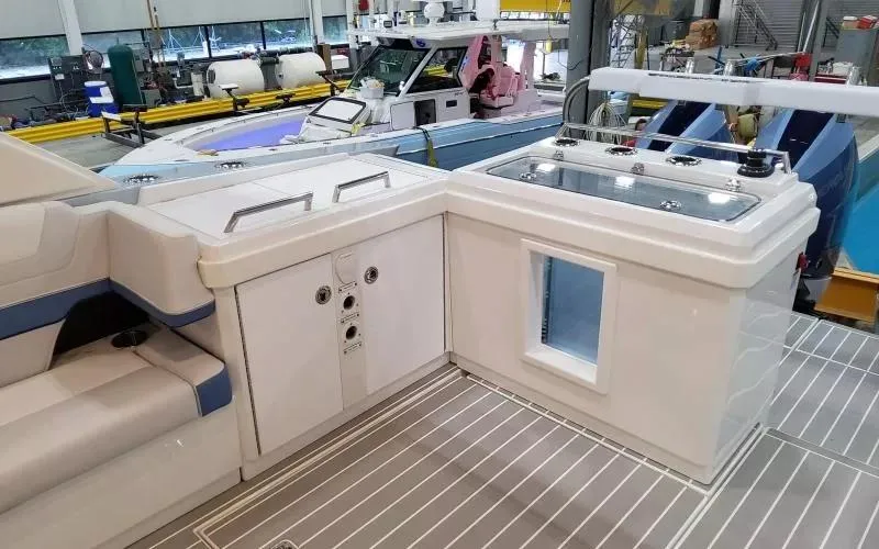 Slide: The Image of 2024 Formula 430 All Sport Crossover boat interior with seating and control panel. - 12