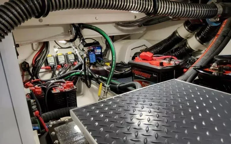 Slide: The Image of Engine room of 2024 Formula 430 All Sport Crossover with batteries and wiring. - 22