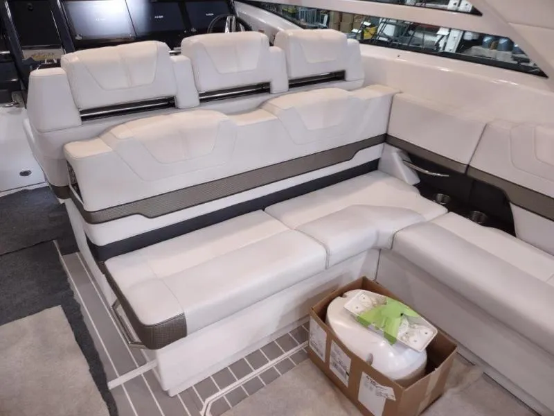 Slide: The Image of Luxurious seating in 2019 Formula 430 Super Sport Crossover boat interior. - 20