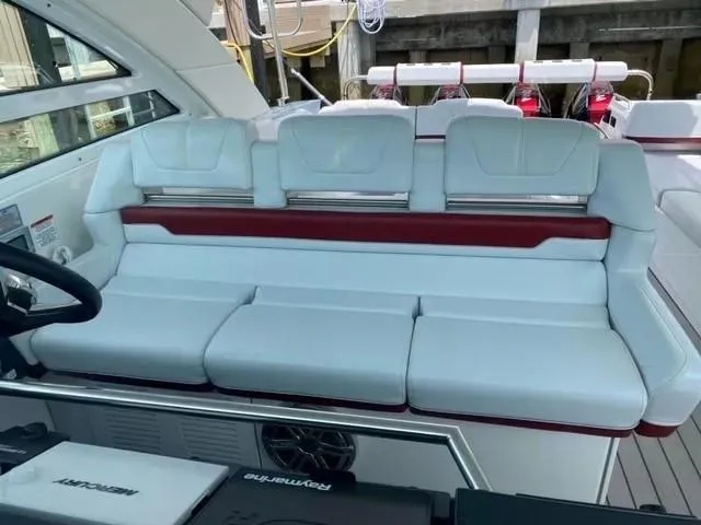 Slide: The Image of 2020 Formula 430 Super Sport Crossover interior with white and red seating. - 8