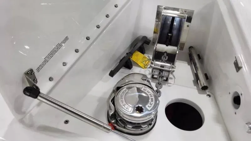 Slide: The Image of 2023 Formula 380 Super Sport Crossover OB anchor system with winch and chain mechanism. - 11