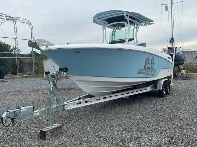 Slide: The Image of 2022 Wellcraft 262 Fisherman boat on trailer, light blue hull, parked on gravel. - 7