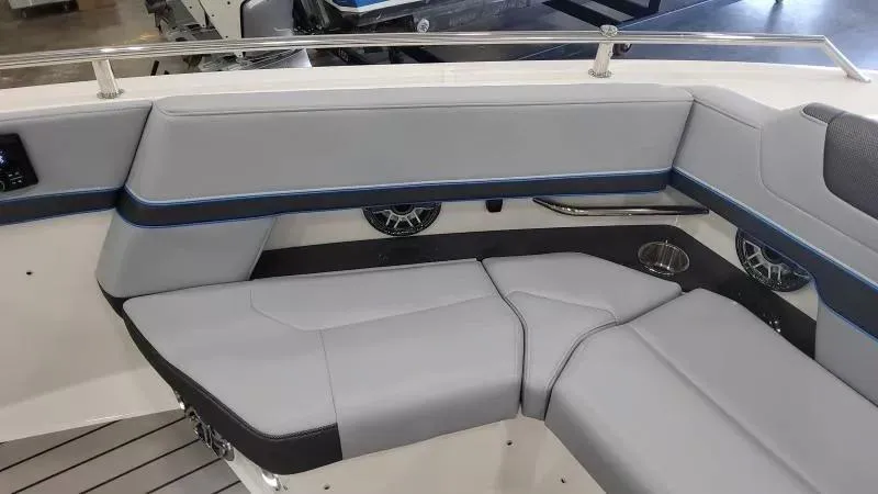 Slide: The Image of 2025 Formula 380 Super Sport Crossover OB interior seating with sleek gray upholstery and modern design. - 23