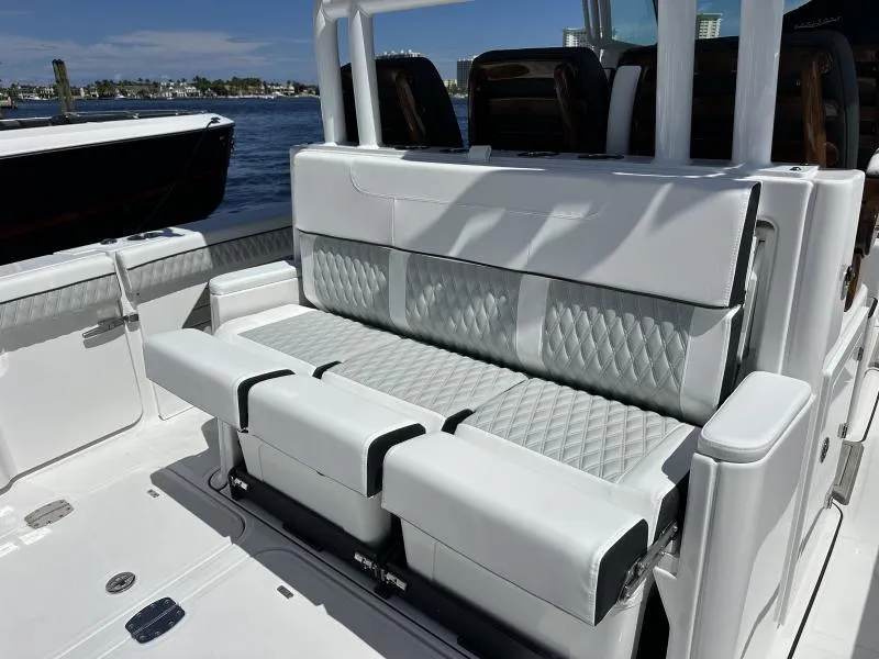 Slide: The Image of Luxurious seating on a 2025 Blackfin 400 boat, featuring diamond-stitched upholstery. - 14