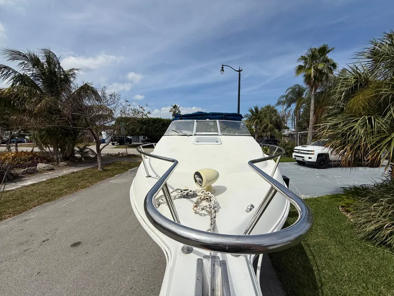 Slide: The Image of 2000 Wellcraft 2400 Martinique boat docked, surrounded by palm trees and clear skies. - 19