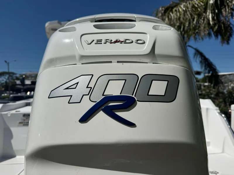 Slide: The Image of 2022 Blackfin 252 DC with Verado 400R engine, close-up view. - 13
