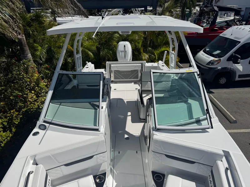 Slide: The Image of 2022 Blackfin 252 DC boat with open cockpit and dual consoles, parked near palm trees. - 39