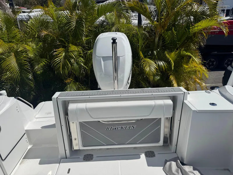Slide: The Image of 2022 Blackfin 252 DC boat with outboard motor, surrounded by lush palm trees. - 47
