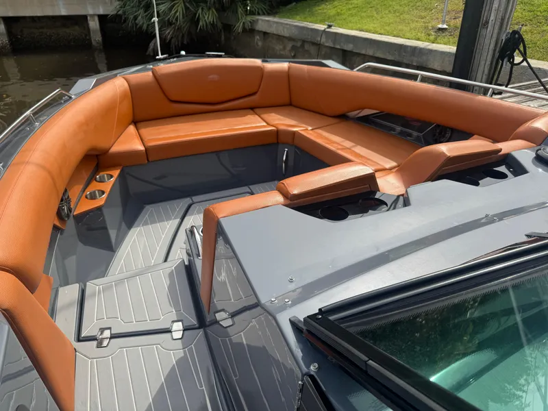 Slide: The Image of 2021 Cruisers Yachts 338 South Beach Edition Bow Rider with luxurious seating and sleek design. - 32