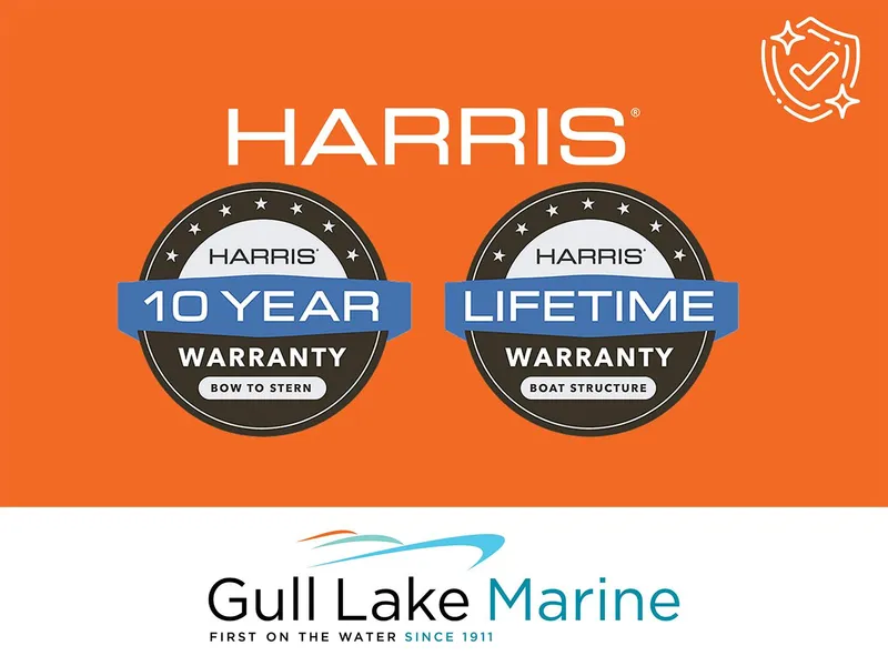 Slide: The Image of Harris Solstice 230 2024 warranty badges, featuring 10-year and lifetime coverage, Gull Lake Marine logo. - 25