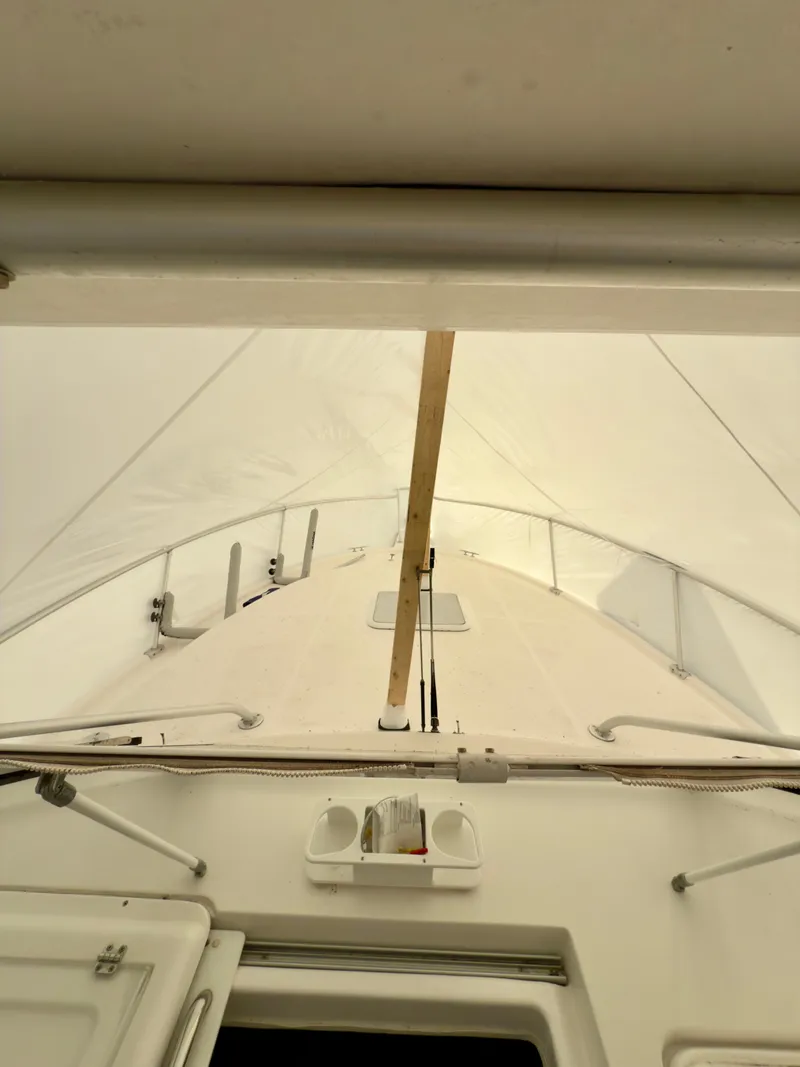 Slide: The Image of 2005 Luhrs 30 Hard Top boat under protective cover, viewed from interior. - 13