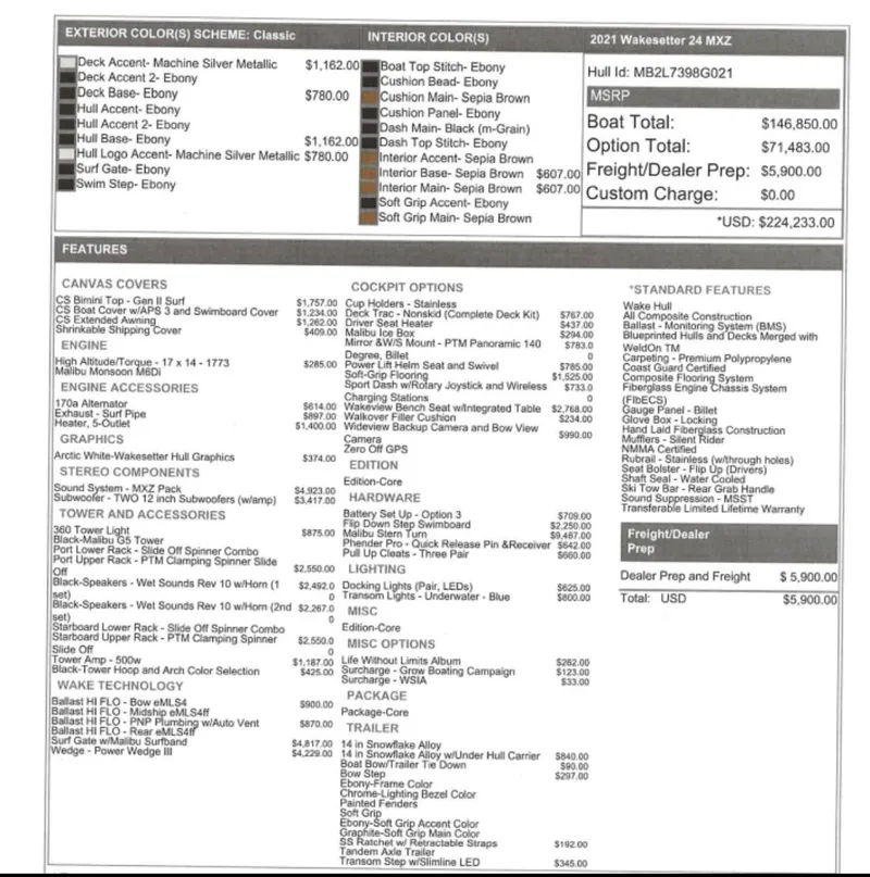 Slide: The Image of 2021 Malibu Wakesetter 24 MXZ features and pricing details sheet. - 25