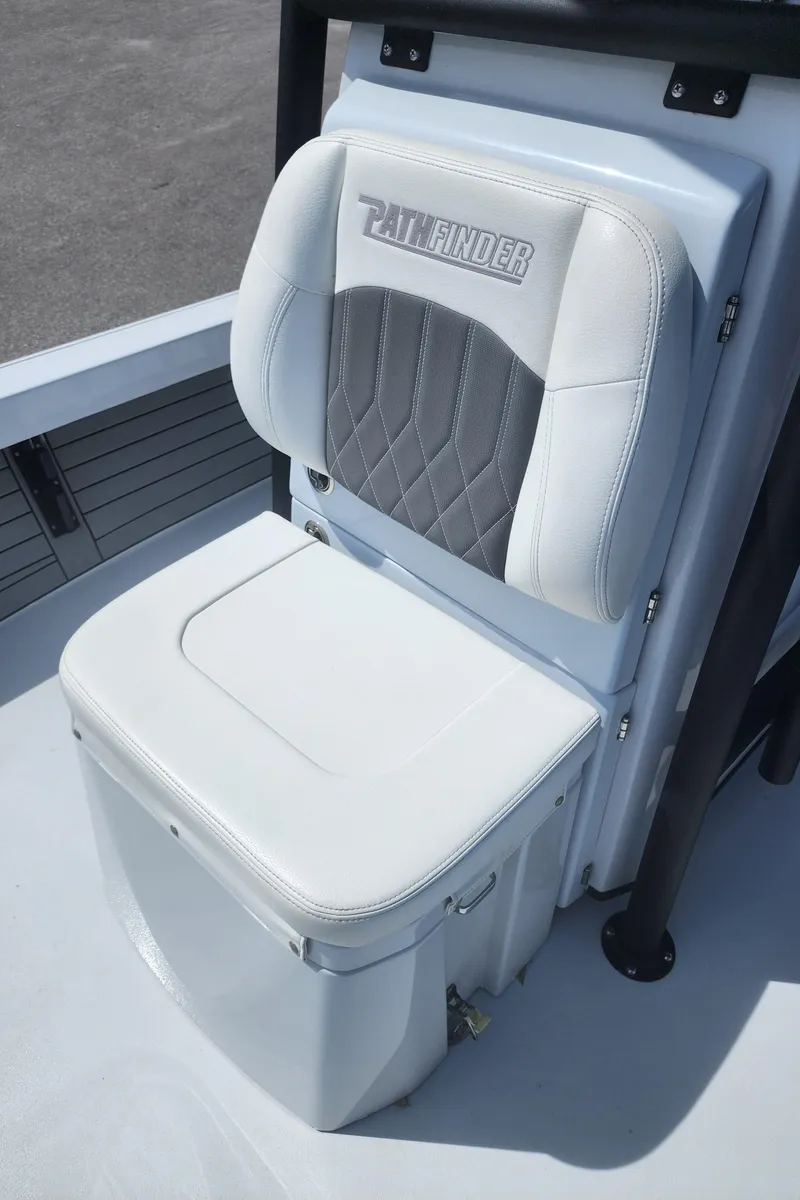 Slide: The Image of 2023 Pathfinder 2500 Hybrid boat seat with white cushioned design. - 33