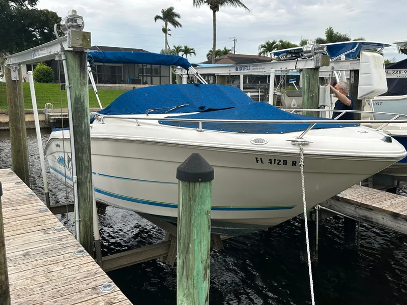 Slide: The Image of 1997 Sea Ray Laguna 21 boat docked with blue cover, surrounded by water and palm trees. - 19