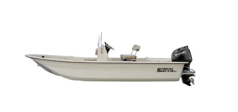 Slide: The Image of 2025 Carolina Skiff E18 JVX Center Console boat with outboard motor, side view. - 3