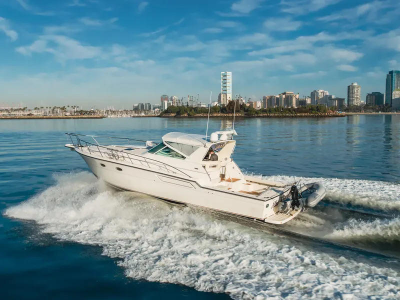 Slide: The Image of 1996 Tiara Yachts 4300 cruising on calm waters near a city skyline. - 16