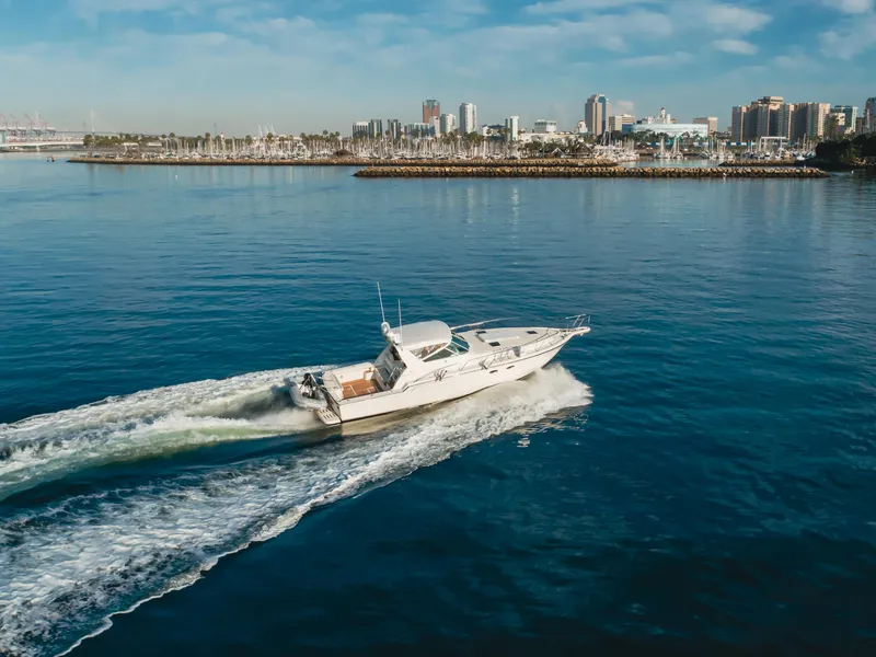 Slide: The Image of 1996 Tiara Yachts 4300 cruising on calm waters with city skyline in background. - 18