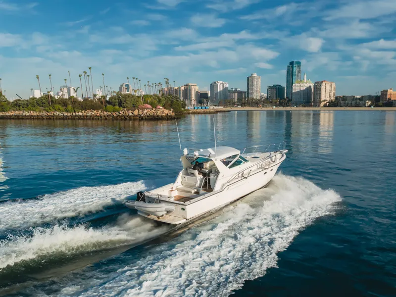 Slide: The Image of 1996 Tiara Yachts 4300 cruising on a sunny day near a city skyline. - 20