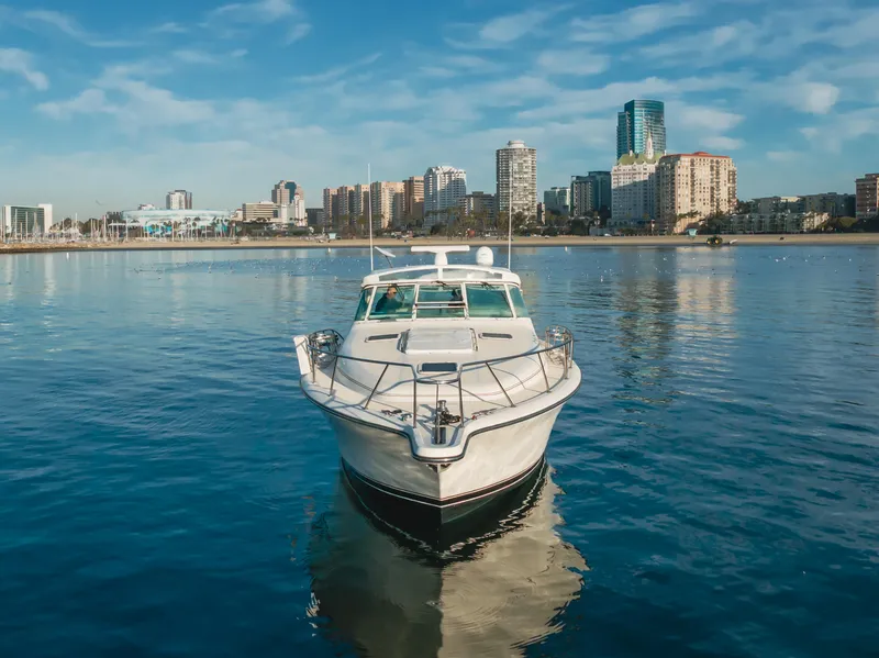 Slide: The Image of 1996 Tiara Yachts 4300 on calm water with city skyline in background. - 4