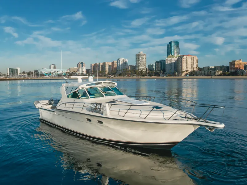 Slide: The Image of 1996 Tiara Yachts 4300 cruising on calm waters with city skyline backdrop. - 5