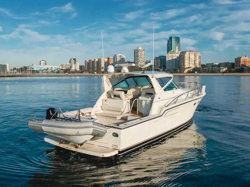 Slide: The Image of 1996 Tiara Yachts 4300 cruising on calm water with city skyline backdrop. - 6