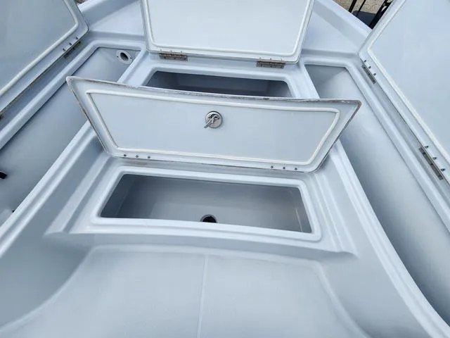 Slide: The Image of 2024 Blue Wave 2000 Classic boat storage compartments open, showcasing spacious interior design. - 11