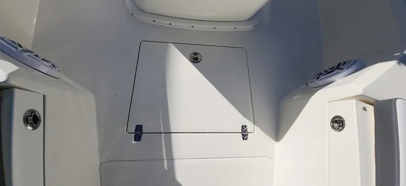 Slide: The Image of 2025 Cobia 265 Center Console boat interior with storage compartments and speakers. - 40