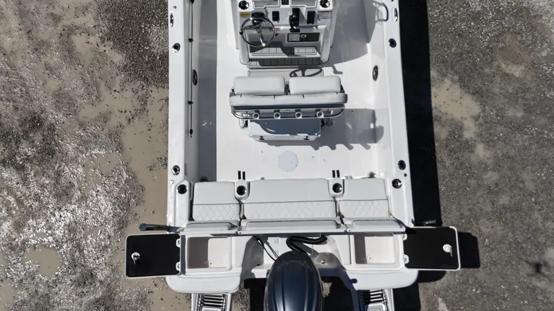 Slide: The Image of 2025 Sea Fox 231 Bay Fox boat, aerial view, showcasing seating and console layout. - 28