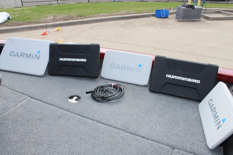 Slide: The Image of 2022 Tracker Pro Team 175 TXW boat with Garmin and Humminbird equipment on deck. - 34