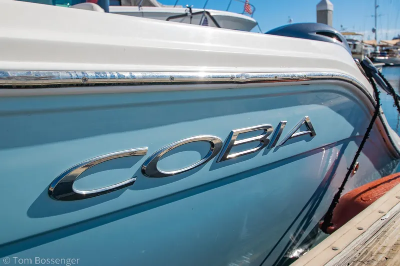Slide: The Image of 2018 Cobia 240 CC boat docked, showcasing sleek design and branding. - 3