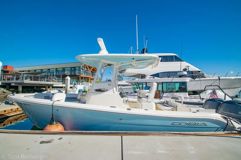 Slide: The Image of 2018 Cobia 240 CC boat docked at marina under clear blue sky. - 5