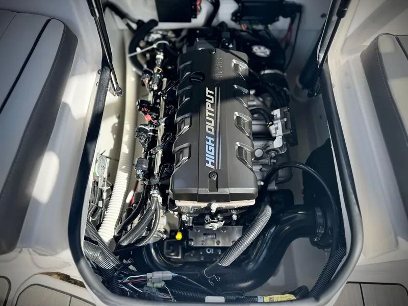 Slide: The Image of 2022 Yamaha Boats AR 190 engine compartment showcasing high output engine. - 18