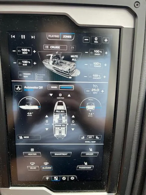 Slide: The Image of 2024 Supra SL boat control panel displaying navigation and audio settings. - 24