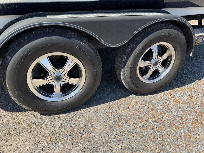 Slide: The Image of Trailer wheels of a 2016 Skeeter ZX 225 on a paved surface. - 22