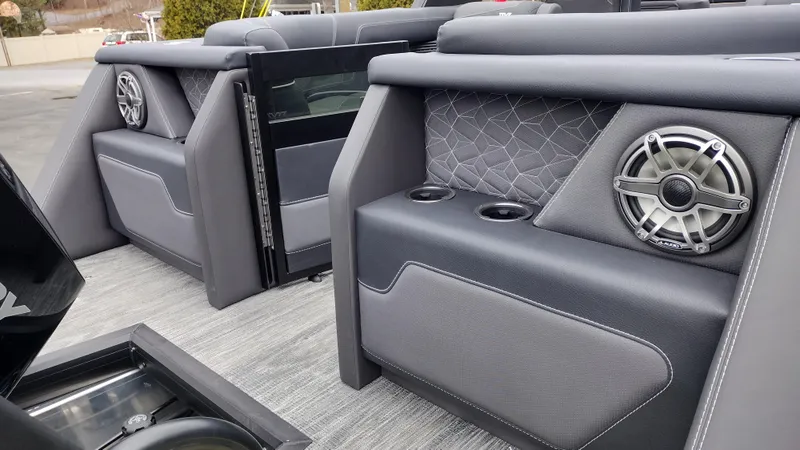 Slide: The Image of Luxurious 2025 Viaggio Diamante boat interior with premium speakers and elegant seating. - 12
