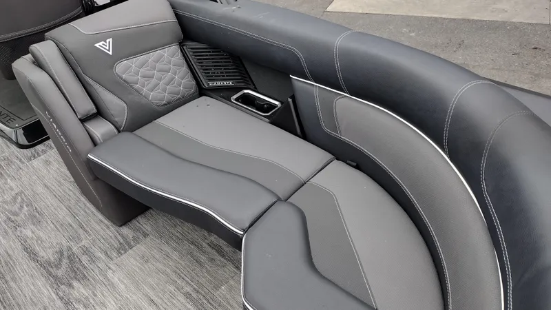 Slide: The Image of Luxurious Viaggio Diamante 2025 boat seating with sleek gray upholstery and modern design. - 14