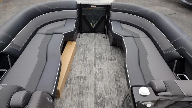 Slide: The Image of 2025 Viaggio Diamante boat interior with sleek gray seating and modern design. - 18