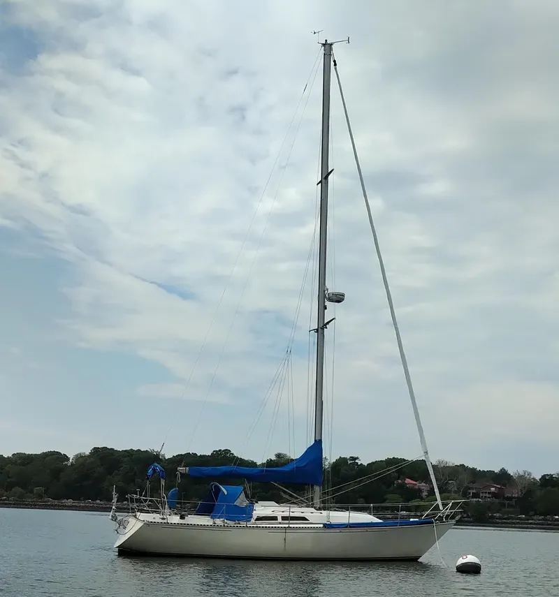 Slide: The Image of 1984 C&C 35 MK III sailboat on calm water under a cloudy sky. - 24