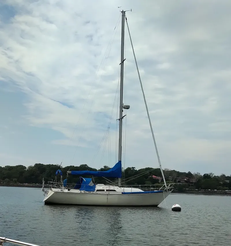 Slide: The Image of 1984 C&C 35 MK III sailboat anchored on calm water under a cloudy sky. - 3