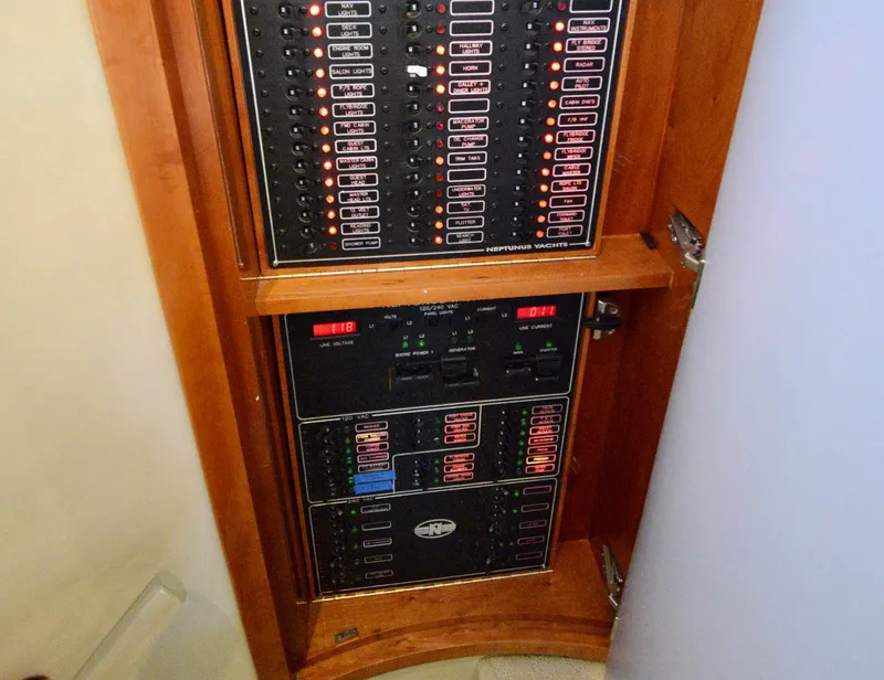 Slide: The Image of Electrical panel inside a 2010 Neptunus 58 yacht, featuring multiple switches and indicators. - 6
