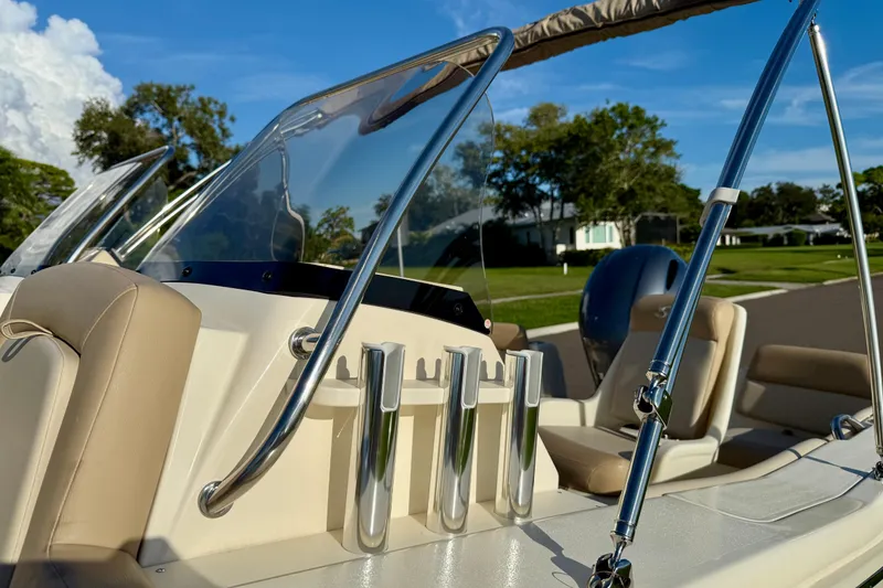 Slide: The Image of 2025 Scout 195 Sport Dorado boat interior with sleek design and chrome accents. - 37