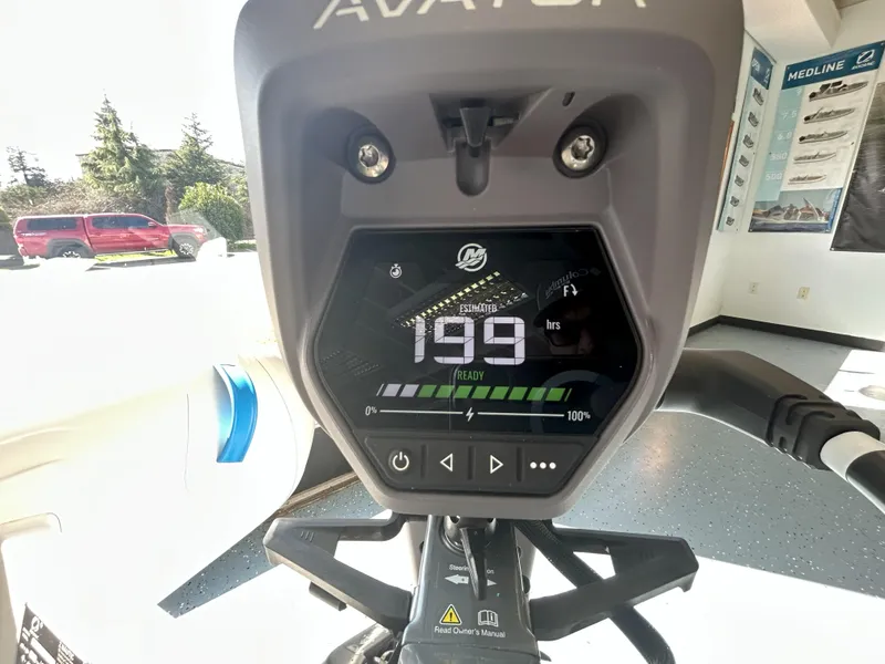 Slide: The Image of 2024 Zodiac Nomad 3.1 RIB Alu dashboard displaying 199 hours, ready status, and battery level. - 8