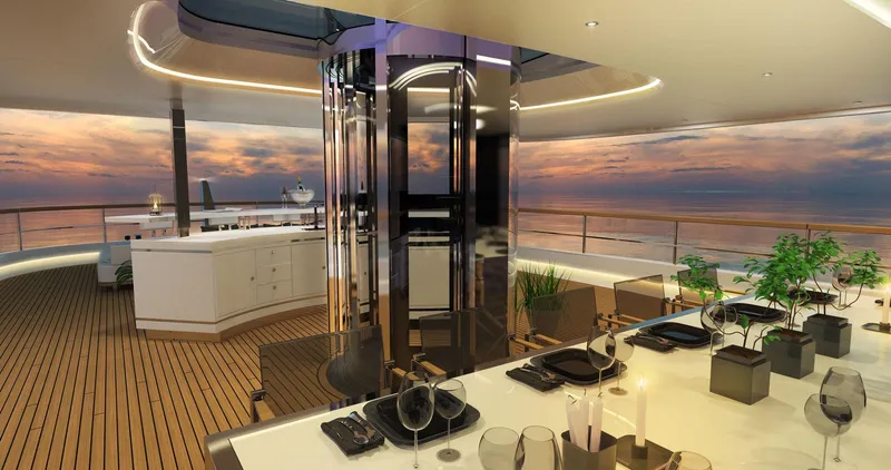 Slide: The Image of Luxurious yacht interior with dining area, modern design, and ocean view at sunset, Prime Megayacht Platform CALOU 2026. - 7