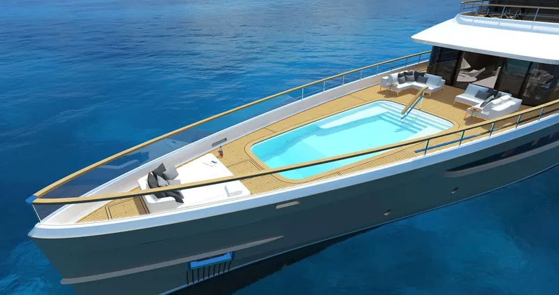 Slide: The Image of Luxurious 2026 Prime Megayacht DREAM with pool, cruising on clear blue waters. - 1