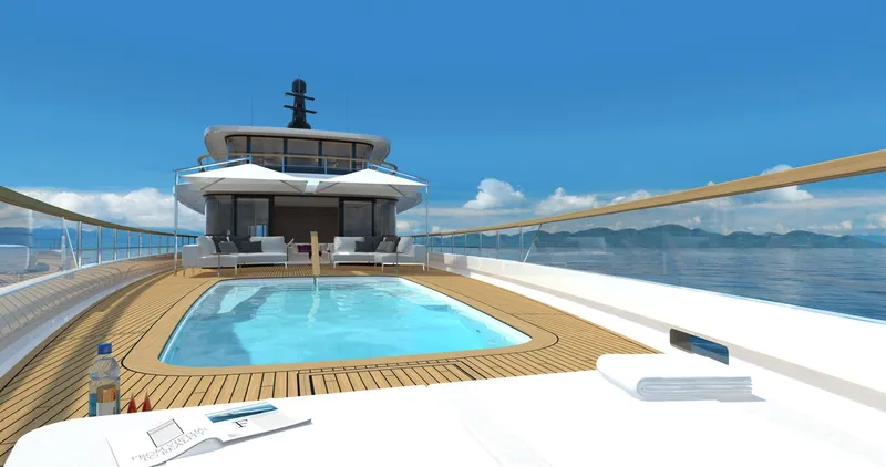 Slide: The Image of Luxurious 2026 Prime Megayacht DREAM with pool, sun loungers, and ocean view. - 2