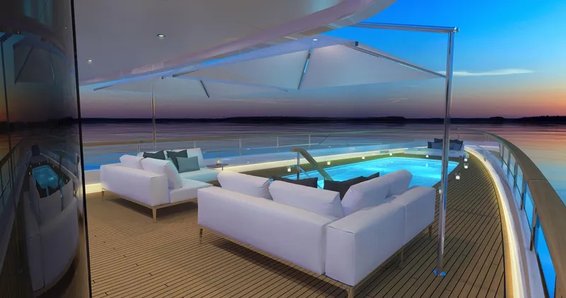 Slide: The Image of Luxurious 2026 Prime Megayacht DREAM deck with pool, sunset view, and elegant seating. - 5