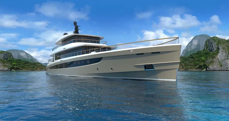The Image of Luxurious 2026 Prime Megayacht NEXT cruising in scenic waters with mountainous backdrop. - 0