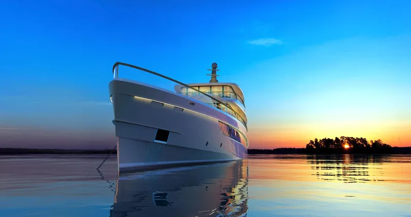Slide: The Image of Luxurious 2026 Prime Megayacht NEXT at sunset on tranquil waters. - 13